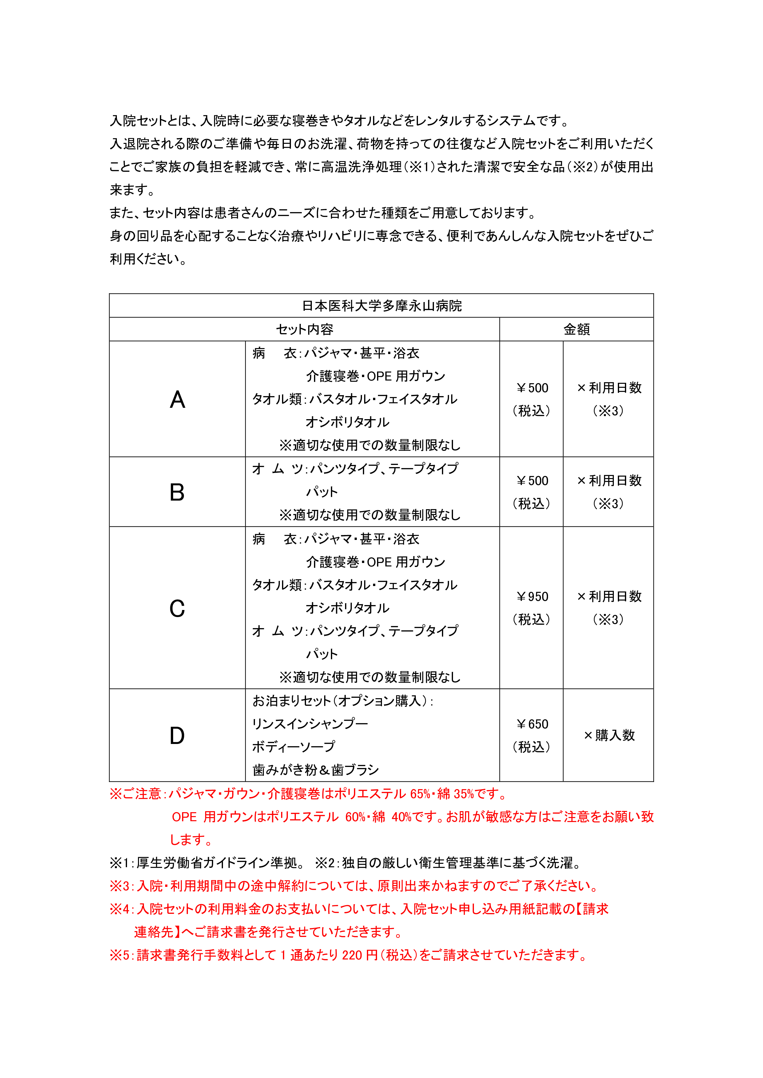 入院セットのご案内